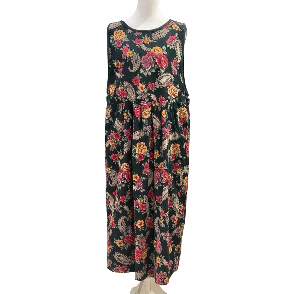 Erika Classics Vintage Y2K Floral Paisley Green Corduroy Smock Jumper‎ Dress XL